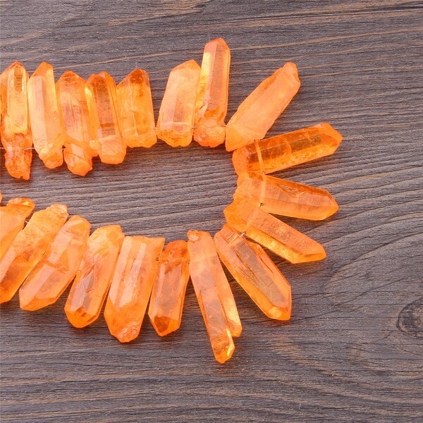 Approx 45pcs Orange Titanium Points Aura Quartz Points Top Drilled Bulk Crystal Spike Beads Graduated Pendant 6-8mmx30-45mm