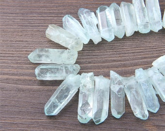 Raw Clear Blue crystalPoints Beads , Top Drilled Spike Stick Beads Approx 45 Pcs /Strand  Graduated Quartz Points  5-10mmx30-45mm