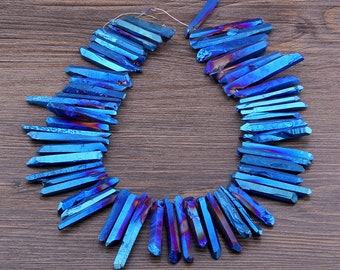 Approx 60pcs Matte Blue Titanium Crystal Points Aura Quartz Points Top Drilled Bulk Crystal Spike Beads Graduated Pendant 6-8mmx30-45mm