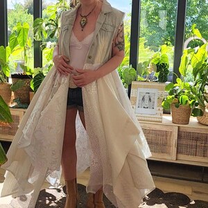 Bohemian kimono in star denim, recycled lace and vintage upholstery fabric, Long Hippie Gypsy festival duster vest, Style Stevie Nicks.