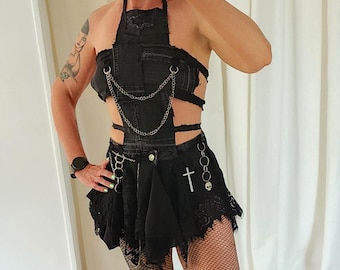Techno festival and rave clothing, Cross-detail top and recycled denim mini-skirt with lace and chains, Concert rock clothes.