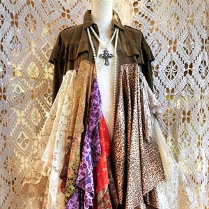 Bohemian kimono in recycled silk, satin and antique lace, Shabby Chic frilly duster coat, Hippie Gypy Festival jacket, Stevie Nicks style.