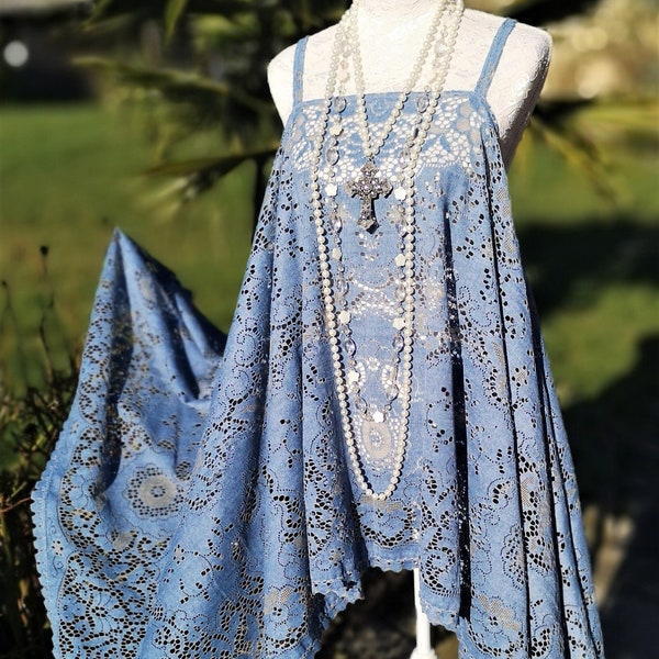 Robe bohème romantique dentelle vintage bleue denim, Robe hippie chic style Stevie Nicks, Robe poncho de festival, Robe de plage Gypsy Boho.