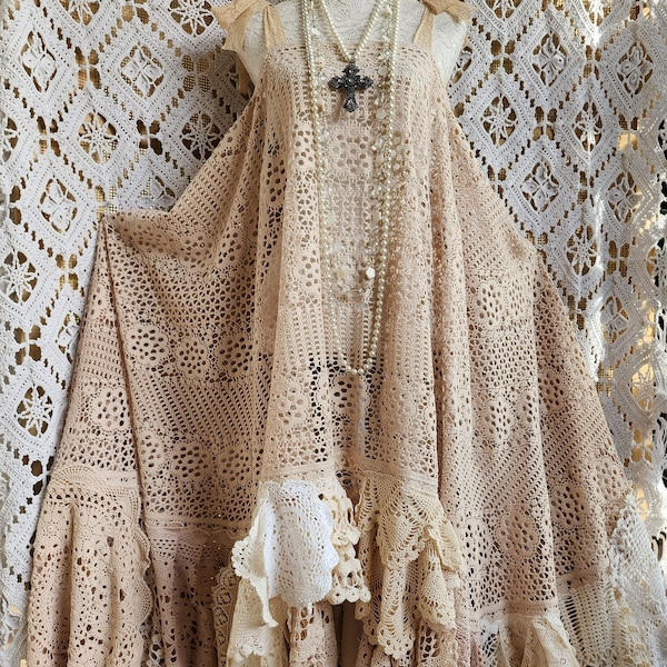 Bohemian dress in recycled lace, handmade crochet and antique cotton, Stevie Nicks style, Hippie Gypsy Festival duster dress, Boho wedding.
