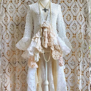 Bohemian kimono in antique crochet and recycled vintage lace, Shabby Chic ruffled duster vest, Stevie Nicks style, Festival clothing.