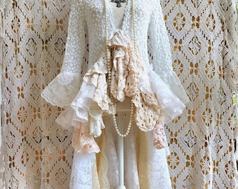 Bohemian kimono in antique crochet and recycled vintage lace, Shabby Chic ruffled duster vest, Stevie Nicks style, Festival clothing.