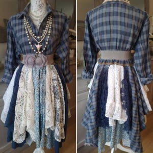 Böhmische Hemd, Flanell und Spitze Vintage-Kleid. Hippie-Zigeuner schicke recycelt Kleiderstoffe, schicke Kampagne Kleid Stil Stevie Nicks.