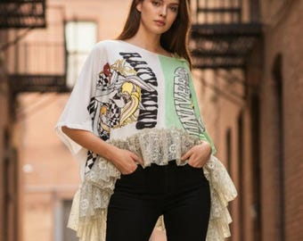 OOAK Oversized Bohemian top in recycled tees and vintage lace frills, Poncho style duster top, Hippie festival clothing, Stevie Nicks style.