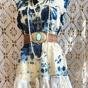 Bohemian vest dress in tie and dye denim, crochet, and antique recycled French linen, Lace Festival clothes, Stevie Nicks style.