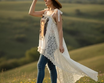 Bohemian Frida Kahlo tunic in recycled vintage Calais lace, Hippie Gypsy poncho top, Stevie Nicks style, Festival clothing.