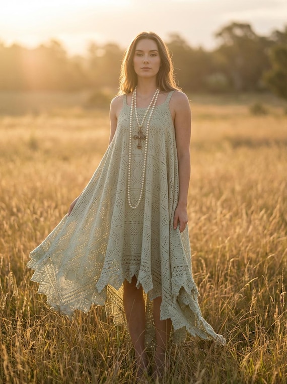Bohemian Dress in Handmade Old Recycled Crochet, Stevie Nicks Style Hippie Dress, Festival Poncho Dress, Gypsy Boho Beach Dress