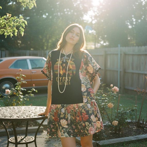 hippy gypsy boho dresses Stevie Nicks Bohemian Dress in Recycled Vintage Fabric, Oversized Ruffled Tunic, Hippie Festival clothing Size:11.5 Toddler Flaxen Dark Navy Sea Breeze Boho crochet