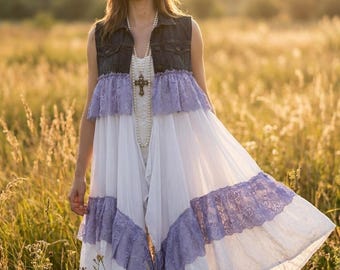 Bohemian kimono in Calais-Caudry lace, denim, and English embroidery, Hippie festival jacket in recycled fabrics, Stevie Nicks style.