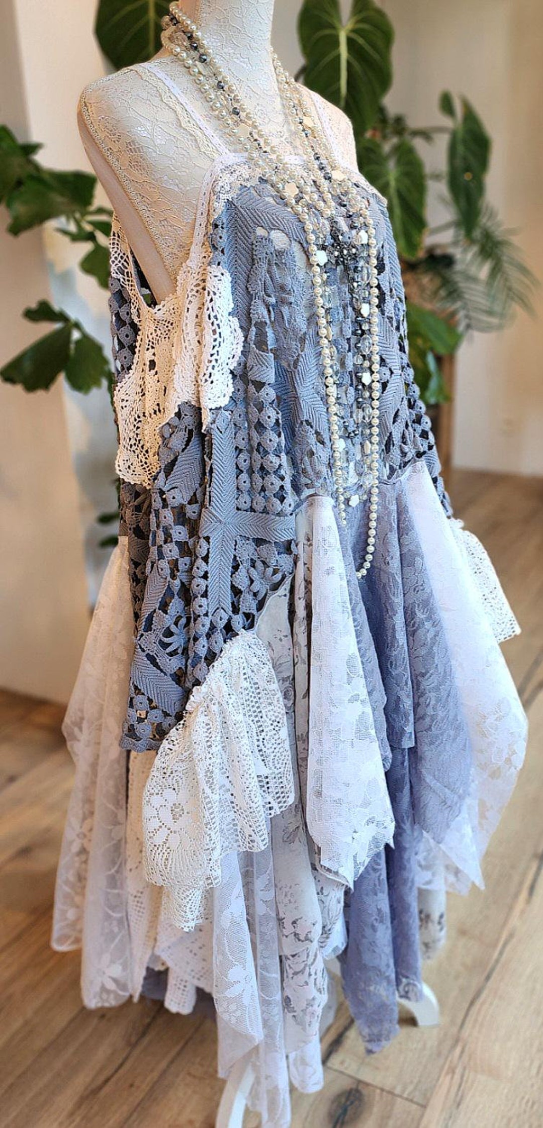 Bohemian Dress in Handmade Old Crochet, Lace and Recycled Fabrics, Stevie  Nicks Style, Hippie Gypsy Beach Dress, Boho Festival Duster