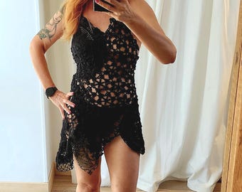 Techno festival and rave party dress, Upcycled vintage crochet tunic dress, Concert Clothing, Sexy beach dress.