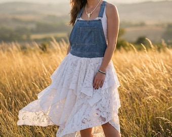 Bohemian dress in vintage upcycled lace and denim, Overalls duster dress, Stevie Nicks style, Gypsy Hippie festival clothing.