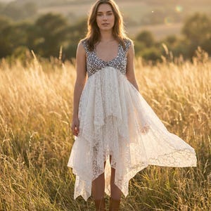 Bohemian tunic dress in recycled vintage lace and old fabrics, Long Hippie Gypsy duster vest, Stevie Nicks style, Festival cloting. image 1