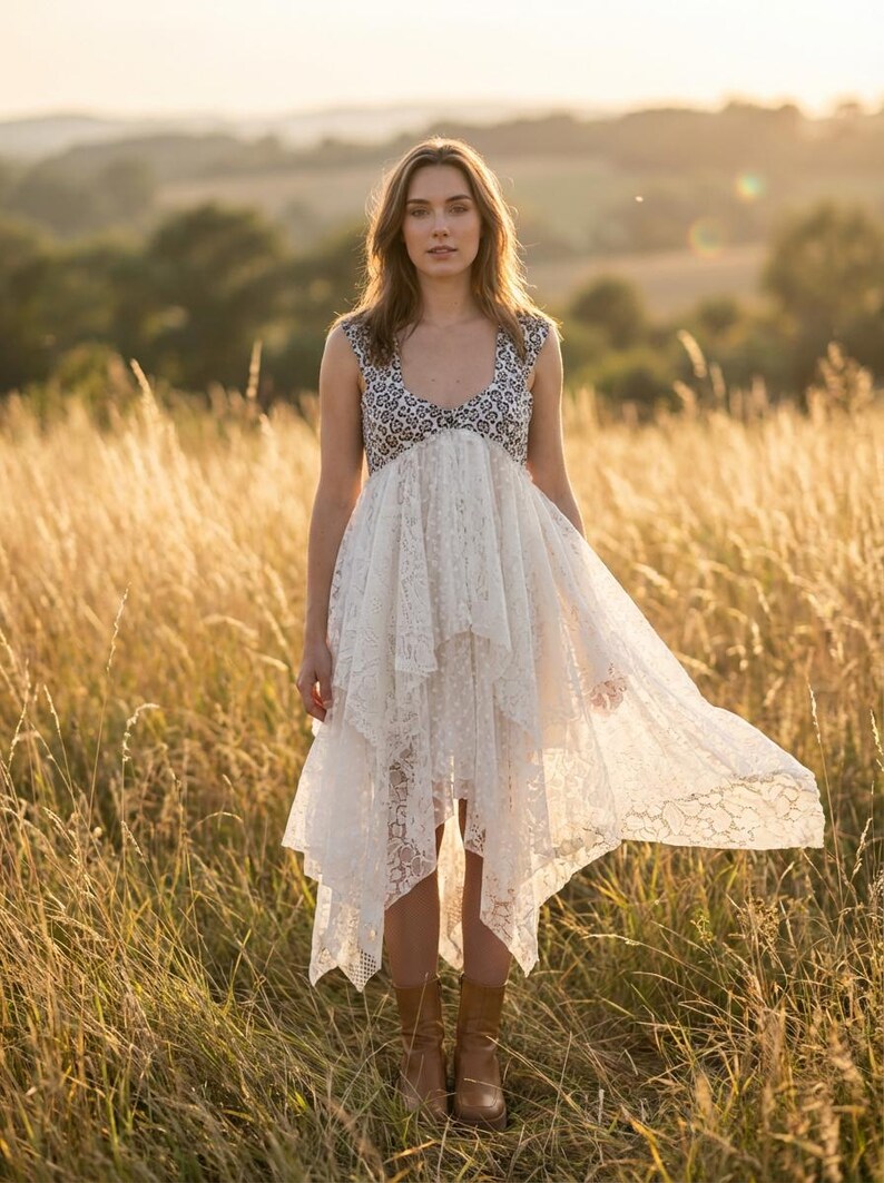 Bohemian tunic dress in recycled vintage lace and old fabrics, Long Hippie Gypsy duster vest, Stevie Nicks style, Festival cloting. image 1