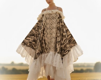 Bohemian dress in recycled military fabric, macrame and old lace, Froufrous full dress, Stevie Nicks style, Hippie festival duster dress.