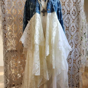 Bohemian denim jacket with flowers, macrame and recycled vintage lace, Recycled and transformed 1980s duster jacket, Stevie Nicks style.