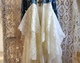 Bohemian denim jacket with flowers, macrame and recycled vintage lace, Recycled and transformed 1980s duster jacket, Stevie Nicks style.