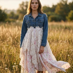 Kimono w stylu boho wykonane z recyklingowanego denimu, makramy, tkaniny i koronki, płaszcz hipisowski w stylu cygańskim z falbankami w stylu Stevie Nicks.