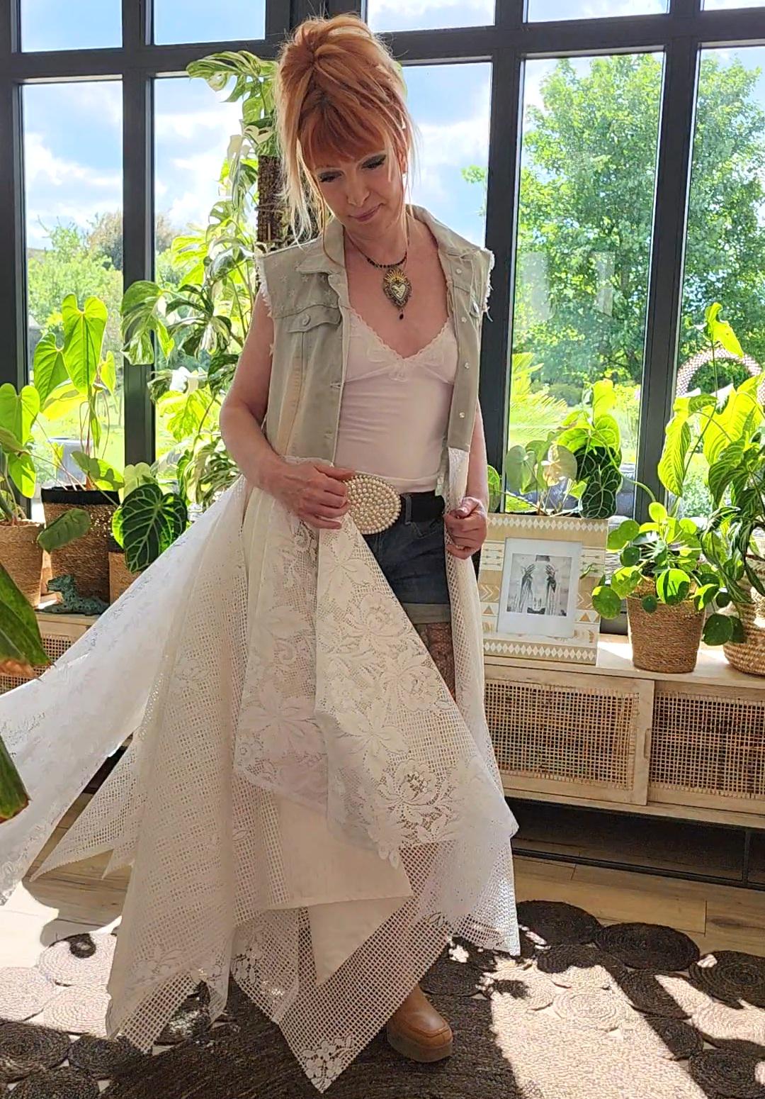 Bohemian Kimono in Star Denim, Recycled Lace and Vintage