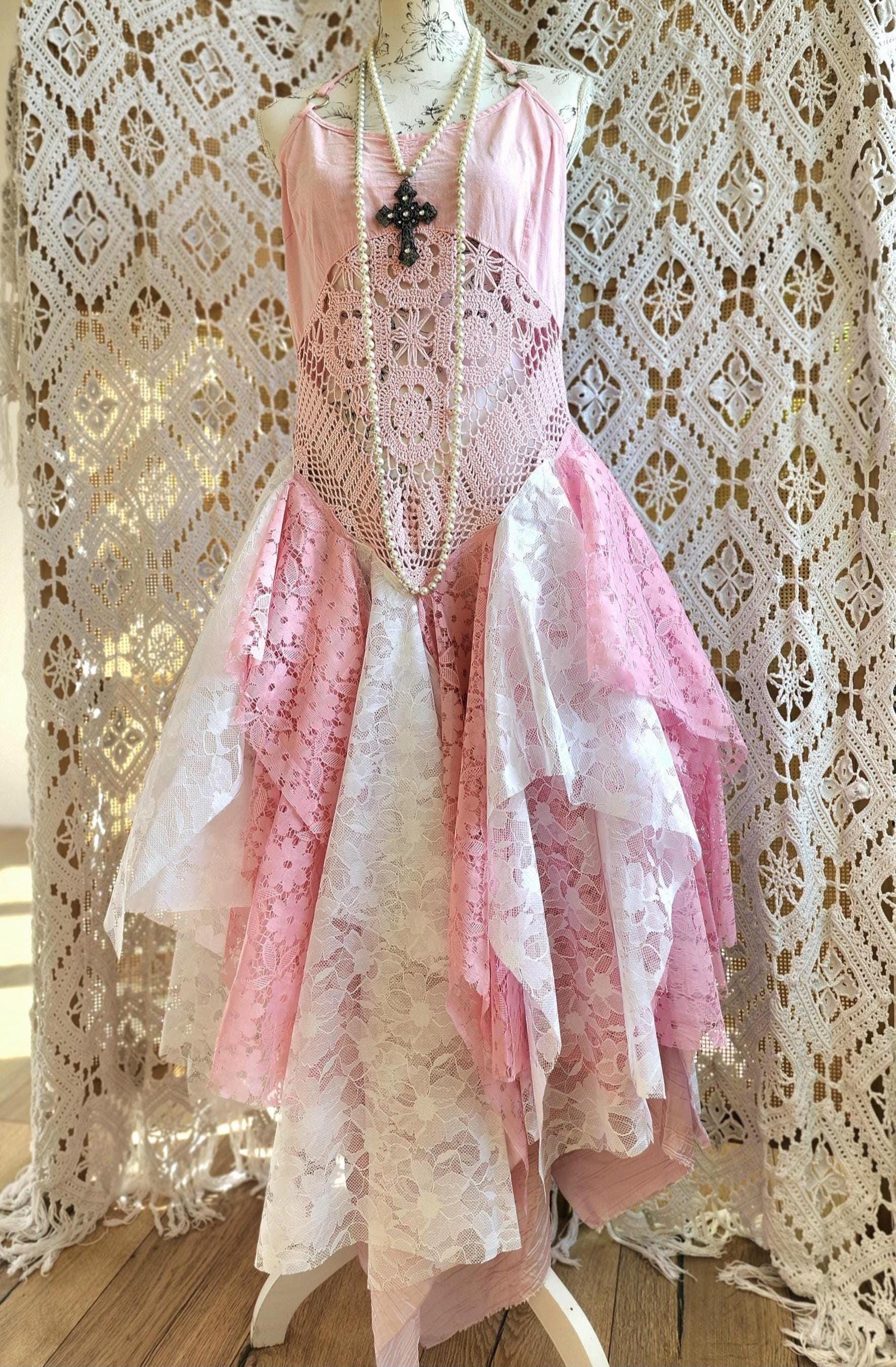 Bohemian Backless dress in handmade crochet and recycled vintage lace,  Hippie Gypsy beach duster dress, Stevie Nicks style, Festival clothes