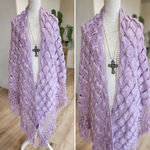 Châle Bohème vintage fait à la main, Maxi Châle moelleux en crochet mailles éventail et à franges, Châle Hippie Gypsy, Style Stevie Nicks.