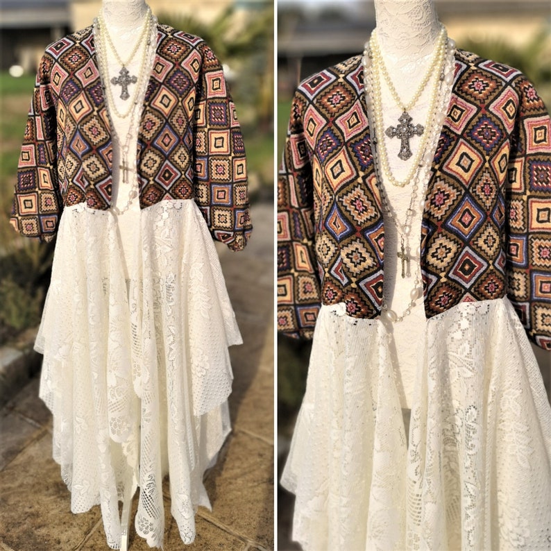 Festival clothing. Hippie duster puffed balloon sleeves coat Stevie Nicks Style Bohemian Ethnic kimono upholstery fabric and vintage lace
