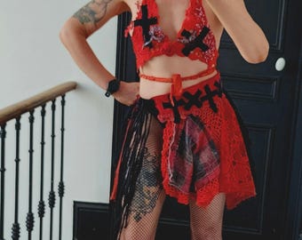 Festival and rave clothing, OOAK bra top and mini-skirt made from antique crochet and upcycled vintage lace, concert clothes.