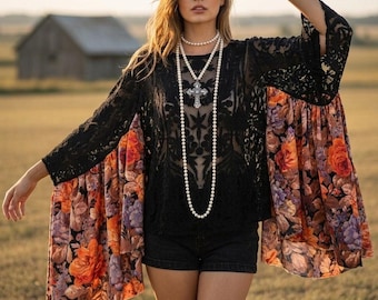 OOAK Stevie Nicks Lace tunic, Recycled fabric oversized sleeve top, Hippie Gypsy Bohemian poncho top, Boho festival Clothing.
