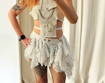 Techno festival and rave clothing, Cross top and recycled white denim skirt in lace, vintage crochet, and chains, Concert Clothes