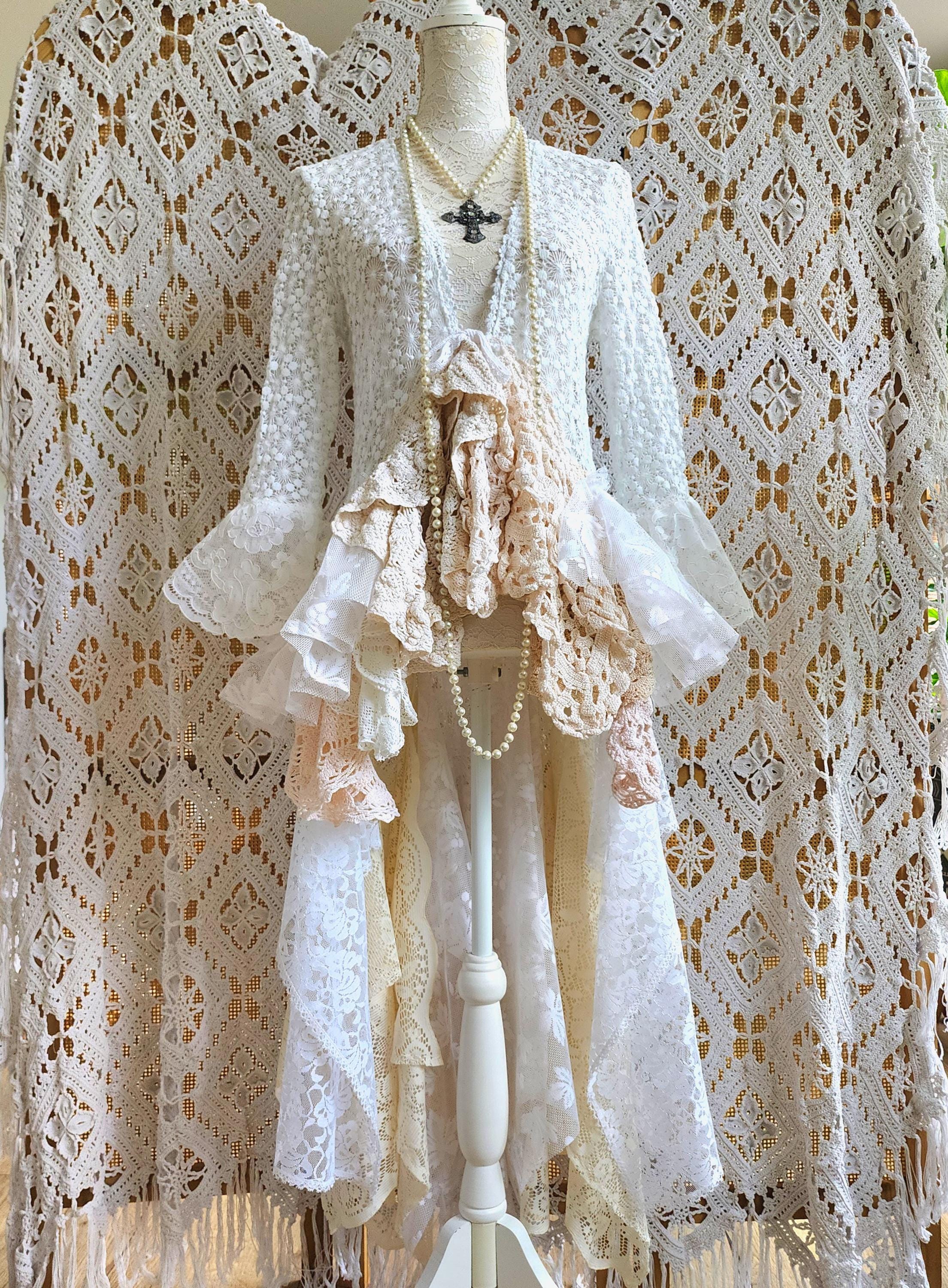 Bohemian kimono in antique crochet and recycled vintage lace, Shabby Chic ruffled duster vest, Stevie Nicks style, Festival clothing.