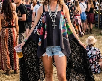 Bohemian Rock Rolling Stones tunic in recycled vintage fabrics, Mini Poncho style dress, Stevie Nicks style, Festival and concert clothes.