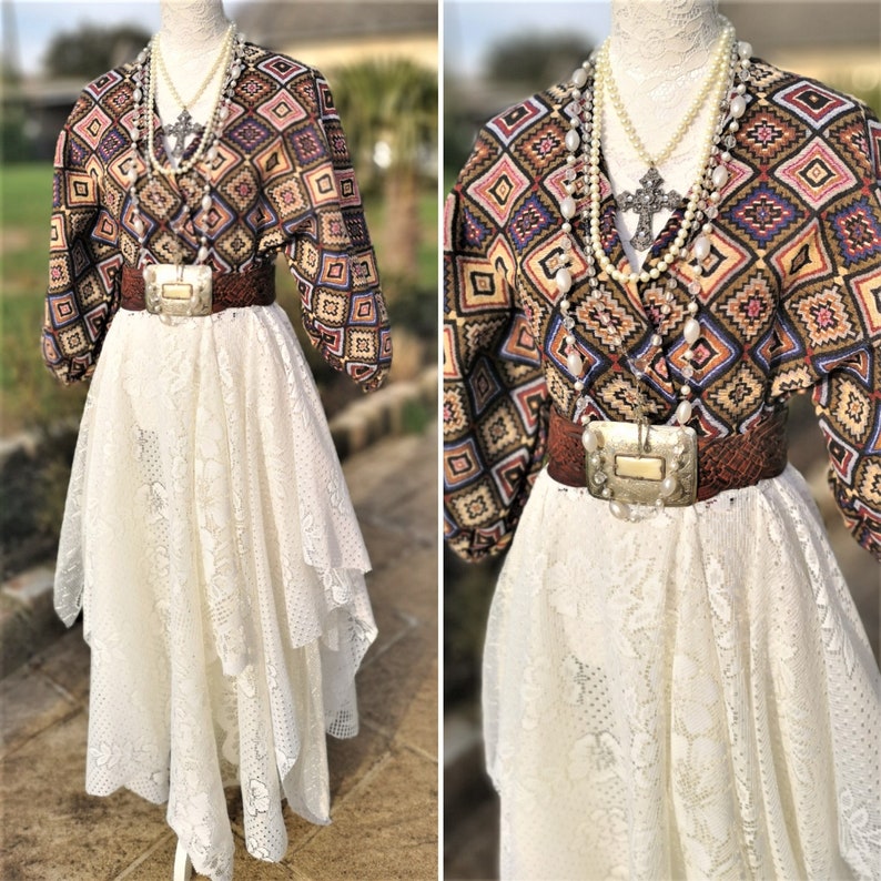 Festival clothing. Hippie duster puffed balloon sleeves coat Stevie Nicks Style Bohemian Ethnic kimono upholstery fabric and vintage lace