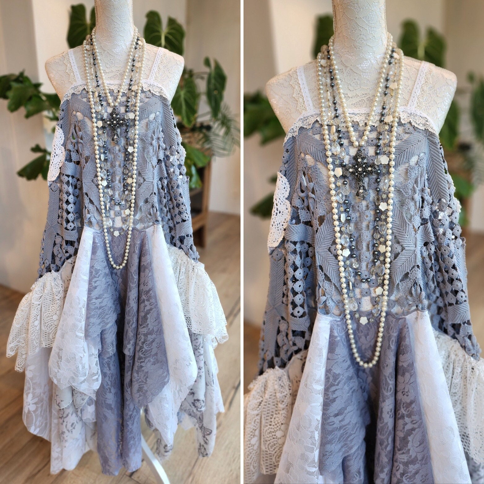 Bohemian Dress in Handmade Old Crochet, Lace and Recycled