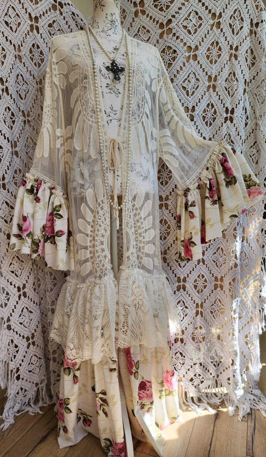 Bohemian Kimono in Recycled Lace, Vintage Cotton and Tulle