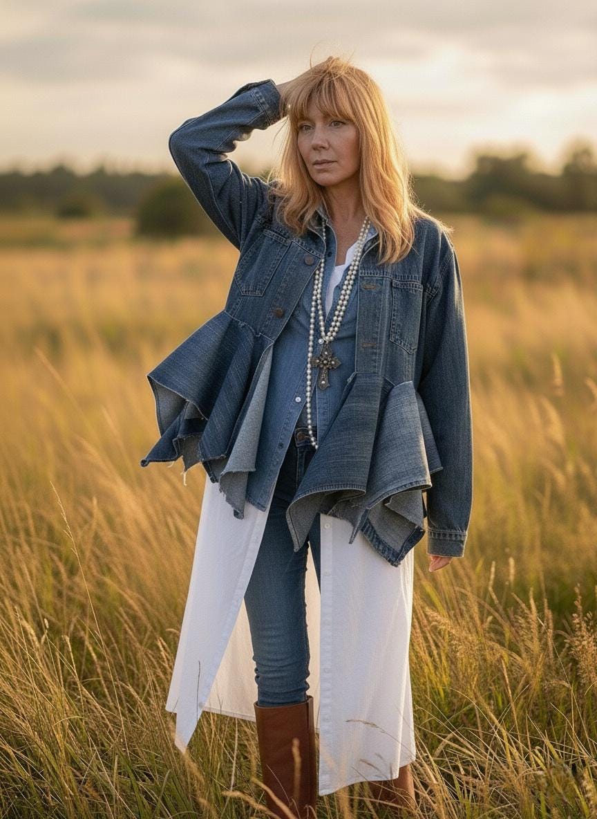 Veste Denim & Co. Turquoise à Volants Et Zip - Taille L, Manches évasées, Coton, Neuf Sans étiquette