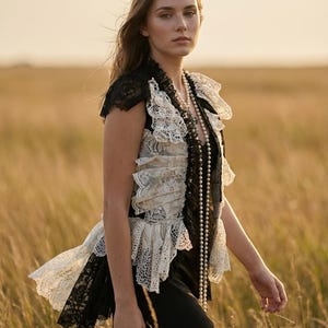 Puede incluir: Un top de encaje blanco y negro con un diseño en capas y un collar de perlas. El top presenta intrincados detalles de encaje y un ribete con volantes. La modelo está de pie en un campo de hierba alta.