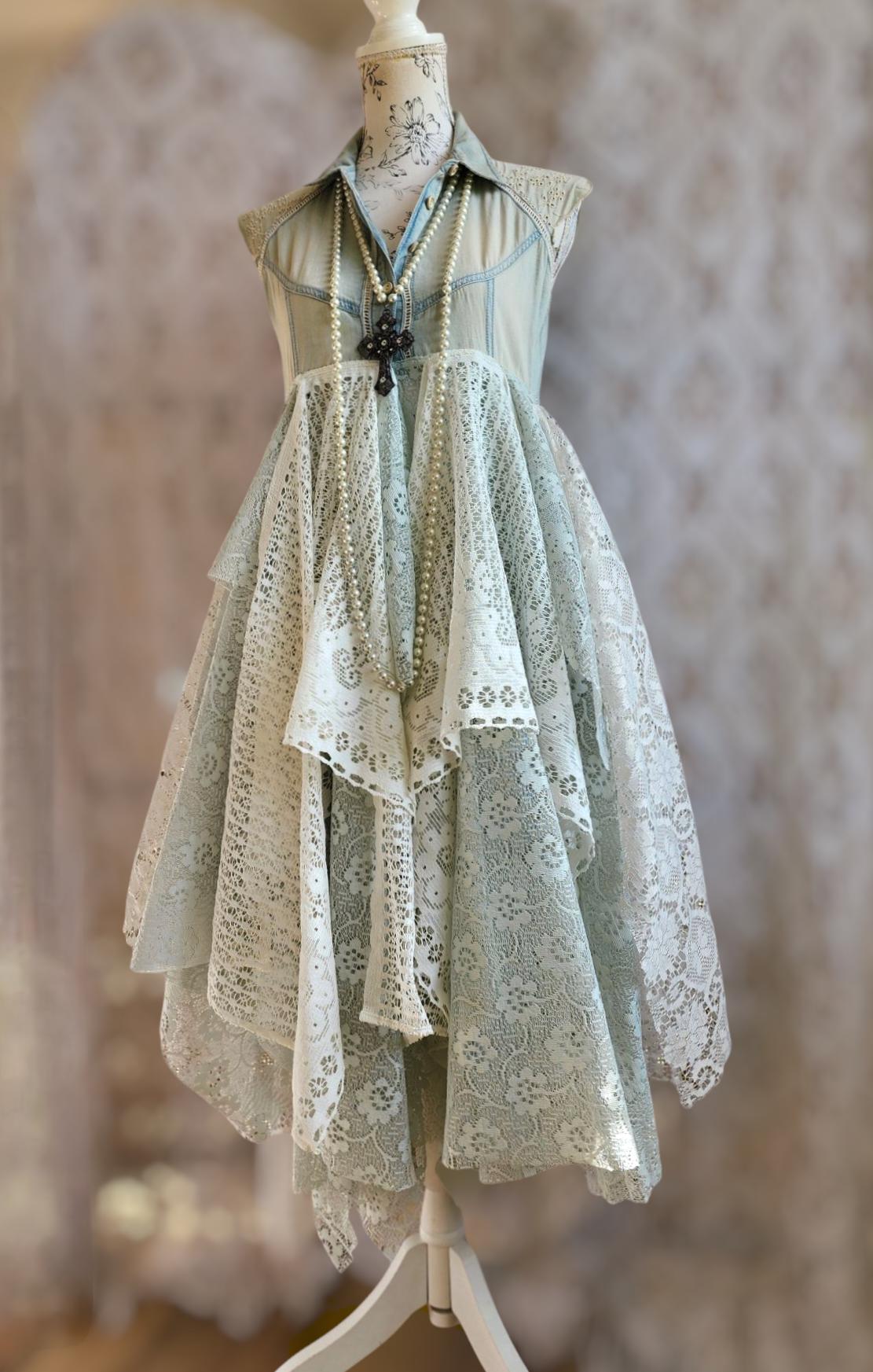 Bohemian Kimono Dress in Embroidered Jeans and Vintage Lace