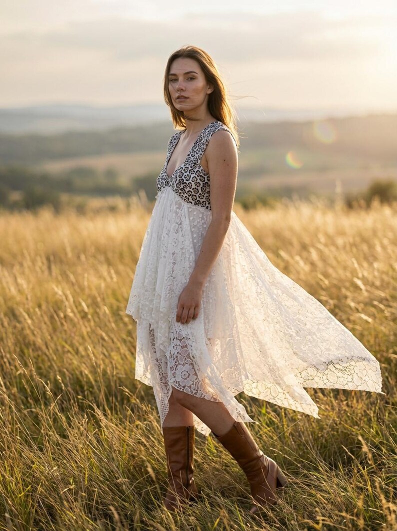 Bohemian tunic dress in recycled vintage lace and old fabrics, Long Hippie Gypsy duster vest, Stevie Nicks style, Festival cloting. image 3