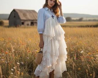 Bohemian kimono in macramé and recycled vintage lace, Hippie duster dress shirt with frilly ruffles, Stevie Nicks style, Festival clothing.