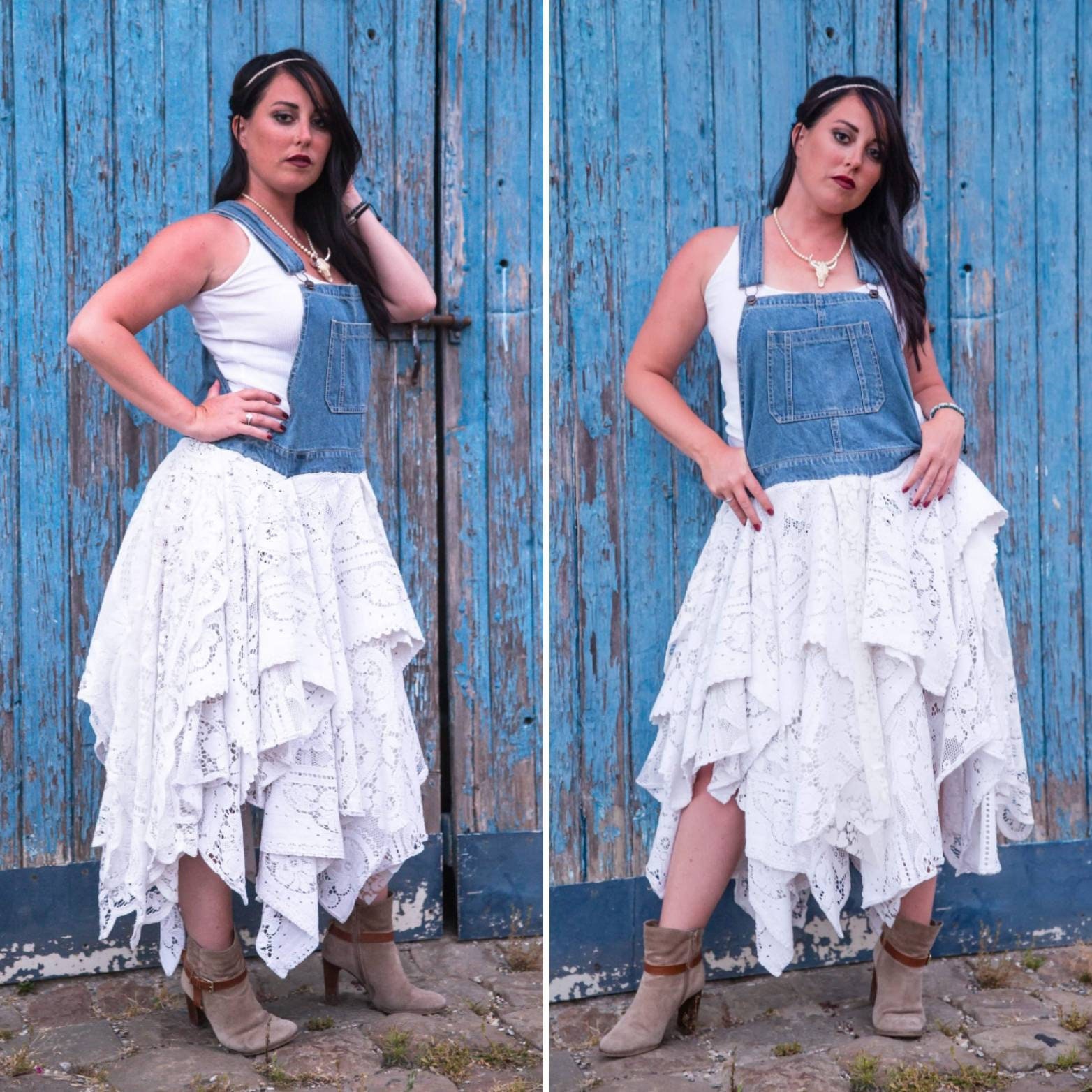 Bohemian Dress in Vintage Upcycled Lace and Denim, Overalls Bohemian Dress in Vintage Upcycled Lace and Denim, Overalls