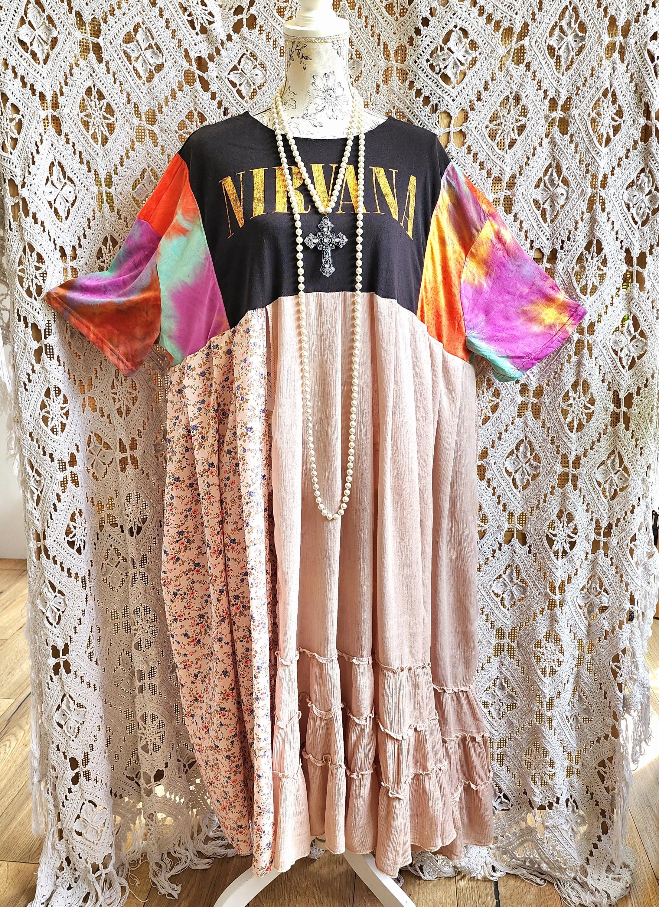 Oversized Bohemian Rock tunic in vintage fabrics and Calais lace, Nirvana t-shirt dress, Hippie festival clothing, Stevie Nicks style.