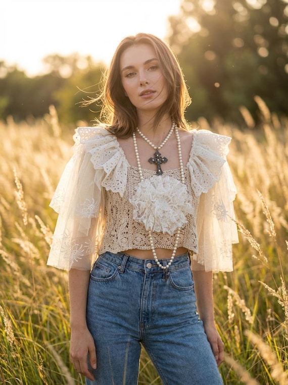 Bohemian Shabby Chic Top in Crochet, Old Embroidered Tulle and