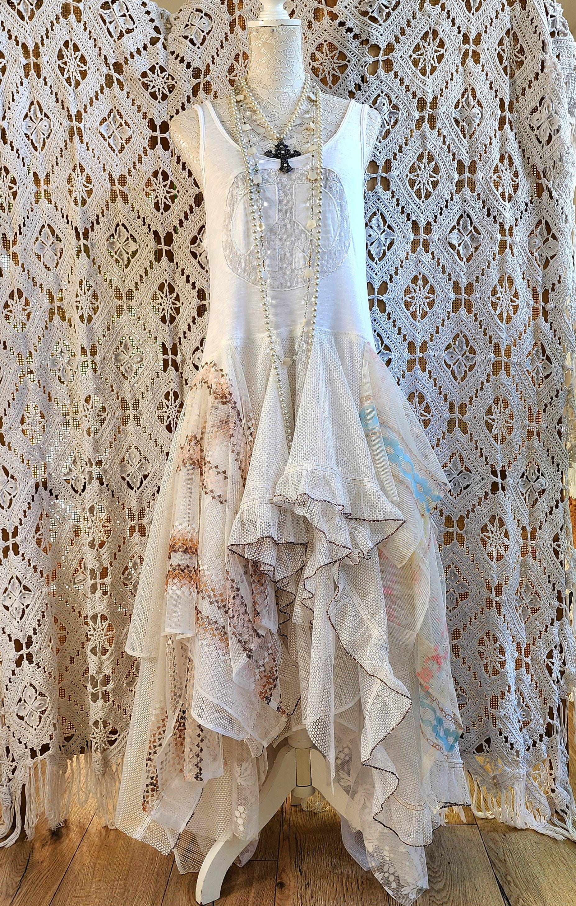 Peace and Love bohemian dress in vintage and recycled lace, Hippie Gypsy beach duster dress, Stevie Nicks style, festival clothing.