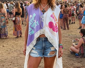 OOAK Oversized Bohemian Rock top "Good Vibes" made from recycled vintage fabrics, Stevie Nicks style poncho, Festival and concert clothing.