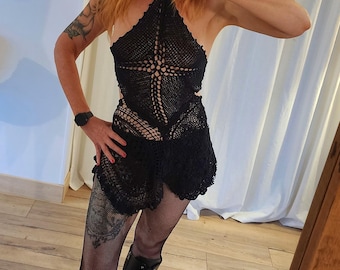 Techno festival and rave party dress, Upcycled vintage crochet tunic dress, Concert Clothing, Sexy beach dress.