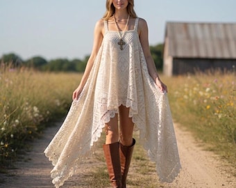 Bohemian Dress in Vintage Handmade Crochet, Hippie Gypsy Boho Beach Tunic, Stevie Nicks Style sundress, Festival Clothing.